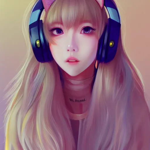 Image similar to realistic beautiful gorgeous natural cute Blackpink Lalisa Manoban blonde hair cute fur blonde cat ears wearing headphones outfit golden eyes artwork drawn full HD 4K highest quality in artstyle by professional artists WLOP, Taejune Kim, Guweiz, ArtGerm on Artstation Pixiv