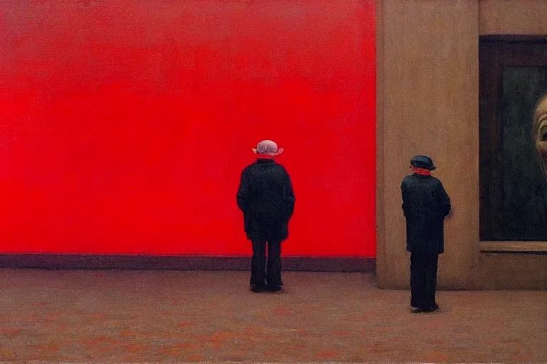 Image similar to only with red, a red old man try to sell a portrait, a crowd cheering, in a city square, in the style of beksinski, parts by edward hopper, parts by rodcenko, parts by yue minjun, intricate and epic composition, red by caravaggio, insanely quality, highly detailed, masterpiece, red light, artstation, 4 k