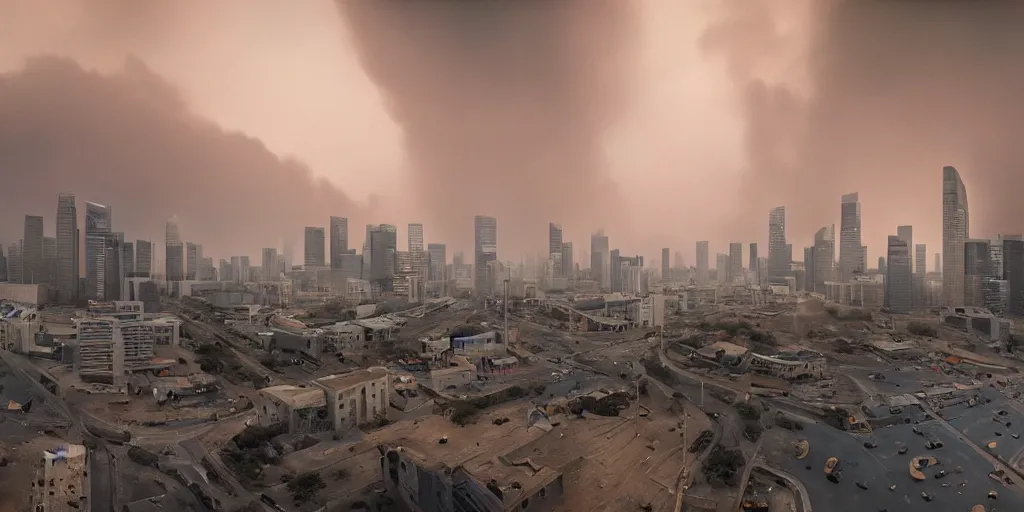 Prompt: long exposure photograph of dust storms above an Beautiful Orwellian City filled with climate crisis migrants, Singapore, detailed textures, hyper realistic, vibrant colors, cinematic lighting, graffiti art style, climate change, digital art painting by greg rutkowski and RIdley Scott, cinematic, concept art, 35mm grain filter, artstation