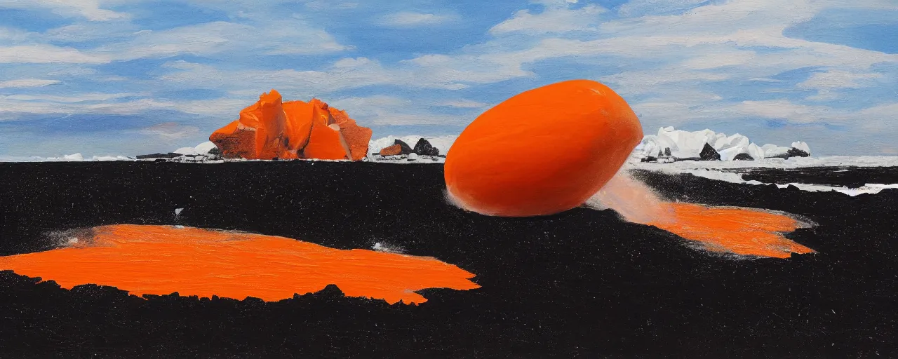 Image similar to painting of giant orange and white military spacecraft crashing into an endless black sand beach in iceland with icebergs in the distance, 2 8 mm, shockwave