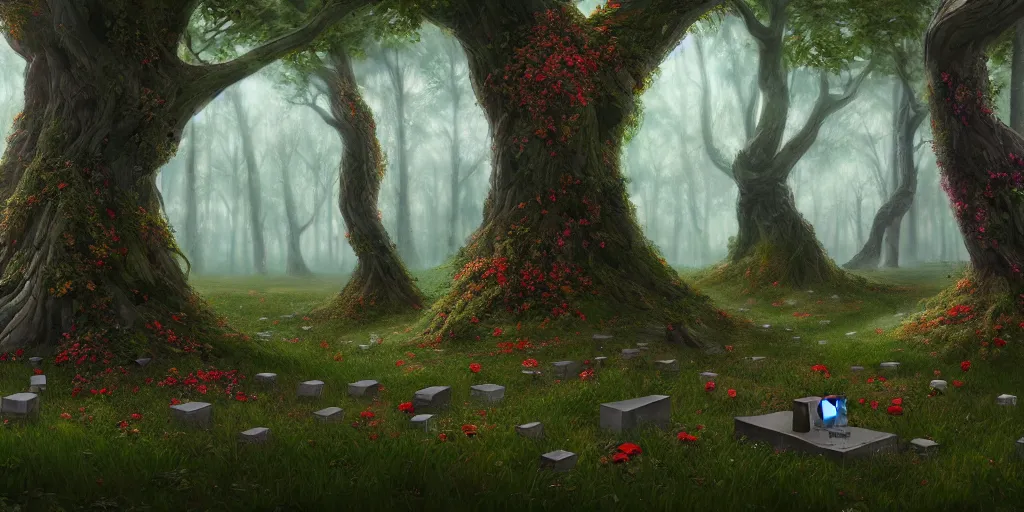 Prompt: A memorial grove of trees of various sizes dedicated to missing people, plaques, solemn, flowers game art matte painting hyperdetailed, artstation, cgsociety, 8k, surreal dream landscape