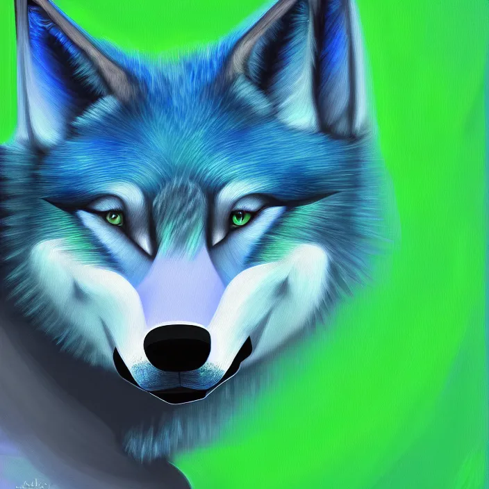 Prompt: a digital painting of a blue anthropomorphic female wolf fursona wearing a green dress, symmetry, focus, furry art, soft lighting, oil on canvas, hyper detailed