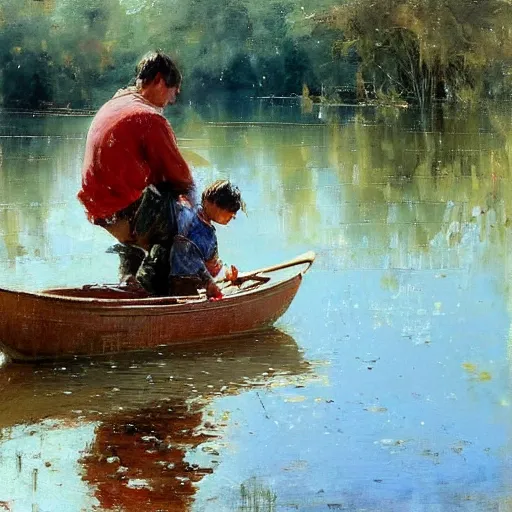 Image similar to painting of dad and son thinking together in boot on a calm lake, by pino daeni