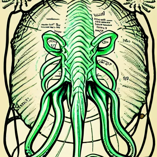 Image similar to ”biology text book scientific drawings of Cthulhu”