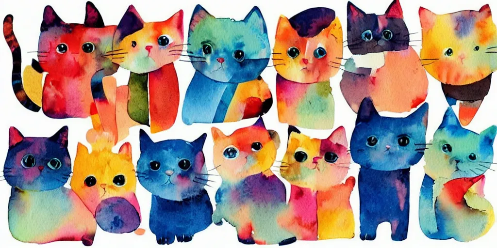 Image similar to watercolor illustration style, cute! cats!!! chose different coloured geometric toys, inspiring art