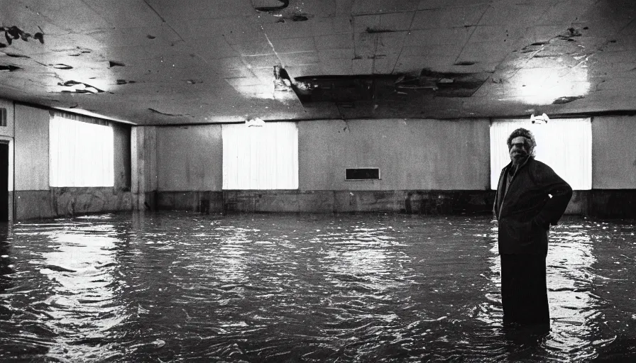 Image similar to 7 0 s movie still of an old man standing in a soviet ballroom flooded in mud, cinestill 8 0 0 t 3 5 mm eastmancolor, heavy grain, high quality, high detail