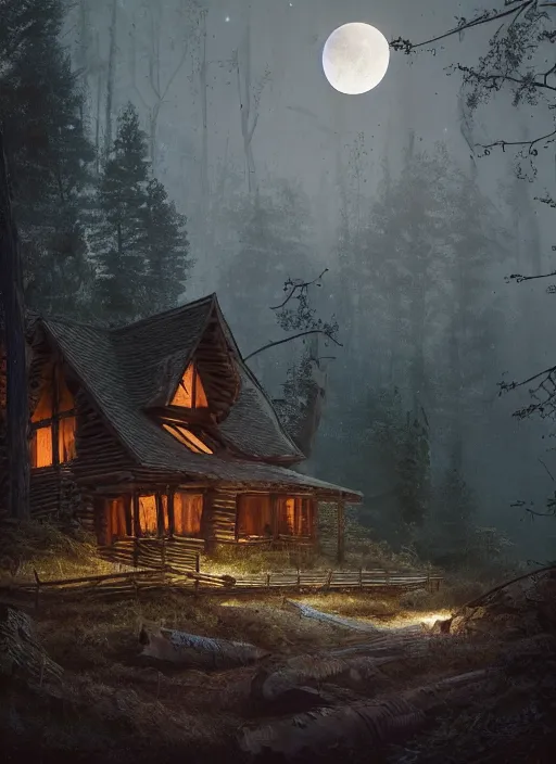 Image similar to an abandoned log house in an ancient bioluminescent forest, waxing moon, greg rutkowski, 8 k, shallow depth of field, intricate detail, concept art,