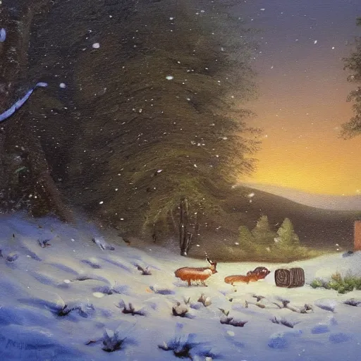 Prompt: beautiful oil painting, snowy snow storm, woodland meadow, log cabin, smoke billowing from chimney, evening, light from window, water stream, water wheel, oak trees, pine trees, rabbits, squirrel, fox, mild breeze wind, falling snow, snow on trees and ground, mountain in background, high detailed