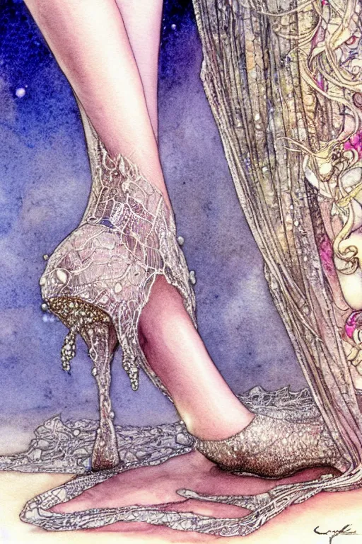 Image similar to realistic closeup of foot in crystal high heel shoe surrounded by lace fabric, fantasy art, trending on artstation, sleeping beauty fairytale, art by luis royo and walter crane and kay nielsen, watercolor illustration,