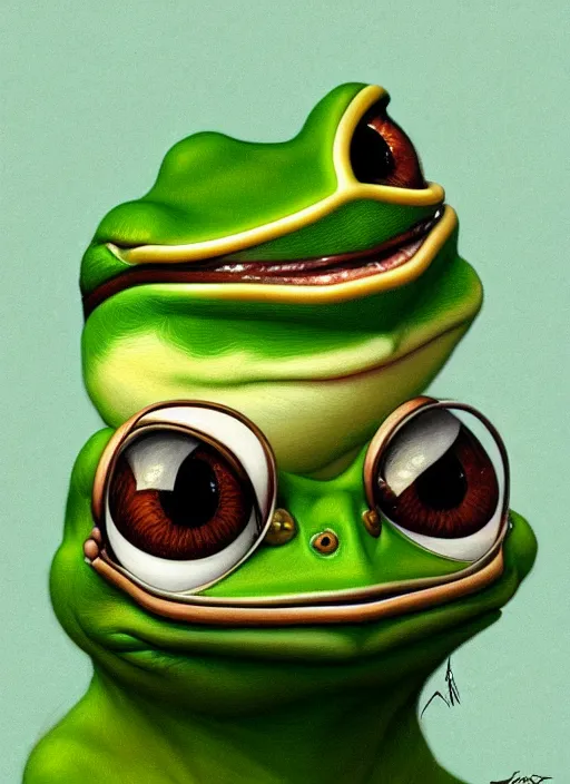 Image similar to pepe the frog, portrait, intricate, sad, highly detailed, digital painting, artstation, concept art, wallpaper, smooth, sharp focus, illustration, art by artgerm and greg rutkowski and alphonse mucha