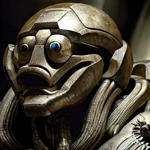 Image similar to prometheus movie still frame by giger, marble bismuth and alabaster cyclop ironman