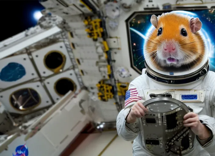 Image similar to film still of a hamster working for mission control at nasa, 8 k