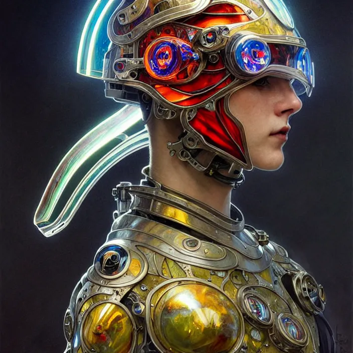 Prompt: stain - glass cyborg, helmet made of glass, glass armor, diffuse lighting, fantasy, intricate, elegant, highly detailed, lifelike, photorealistic, digital painting, artstation, illustration, concept art, smooth, sharp focus, art by john collier and albert aublet and krenz cushart and artem demura and alphonse mucha