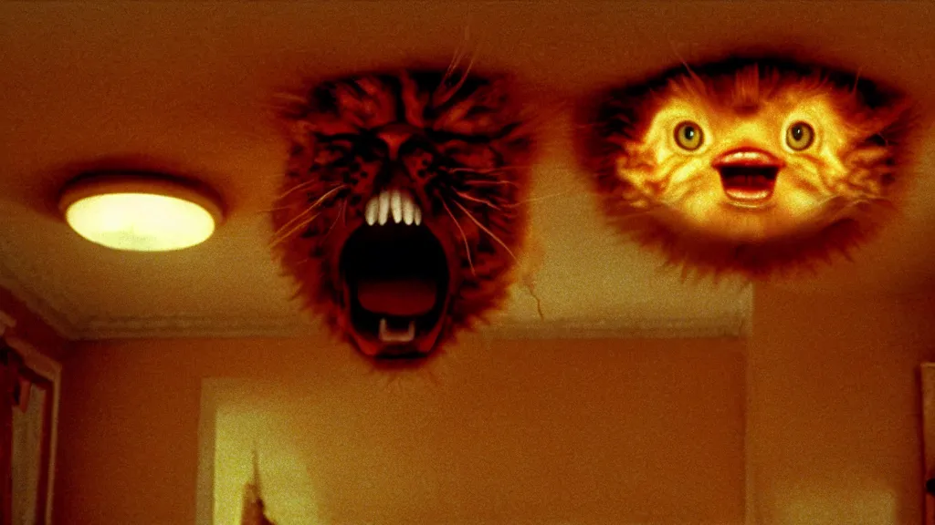 Prompt: a strange Garfield crawls on the living room ceiling, film still from the movie directed by Wes Anderson with art direction by Zdzisław Beksiński, wide lens