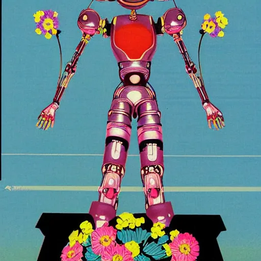 Prompt: a digital robot goddess in a regal pose, she holds the globe in one hand and blooming flowers in the other. 1980s Japanese Magazine Illustration.