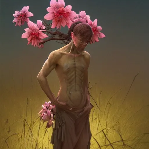 Image similar to a nature portrait of a p - zombie!!! natural lighting art dawn. highly detailed. colourful. moody. artstation, 4 k, by gerald brom zdzisław beksinski, and ansel adams and studio ghibli, horror, lots of sakura flowers, lovely