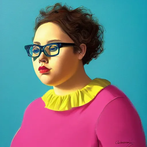 Prompt: colorful and festive cute young plus size todd solondz with tan skin, clear sharp todd solondz face, wearing yellow floral blouse. full body, rich vivid pastel colors, ambient lighting, dynamic lighting, 4 k, atmospheric lighting, painted, intricate, highly detailed by charlie bowater