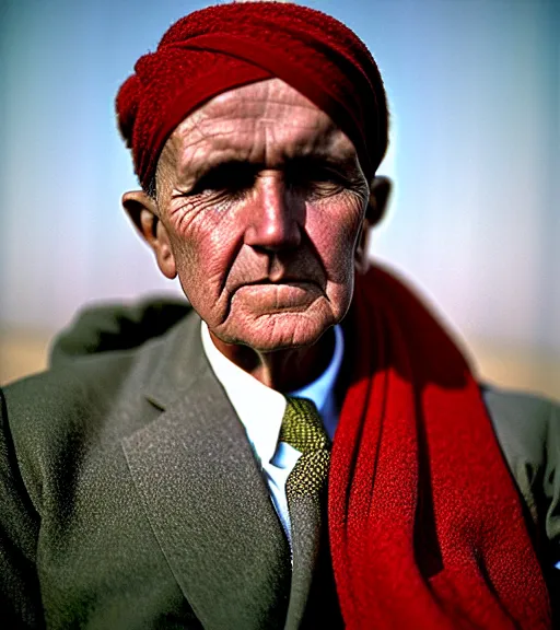 Prompt: portrait of president calvin coolidge as afghan man, green eyes and red scarf looking intently, photograph by steve mccurry