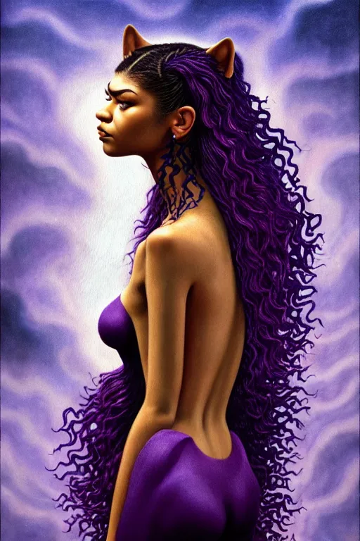 Image similar to zendaya with wavy dark purple hair coming out of the abyss with a panther on her shoulder, ultrafine hyperrealistic fantasy oil painting, art by ida outhwaite and loish, dreamy, surreal, trending on artstation, dungeons and dragons, intricate linework, sharp focus, smooth, unreal engine, dramatic lighting, 8 k,
