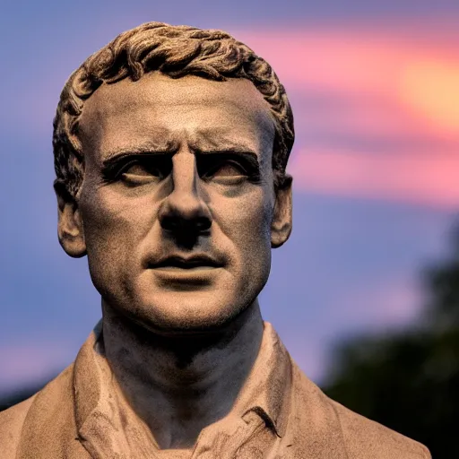 Image similar to A marble stature of Emmanuel Macron, hyper-realistic, 8K HDR, sunset.