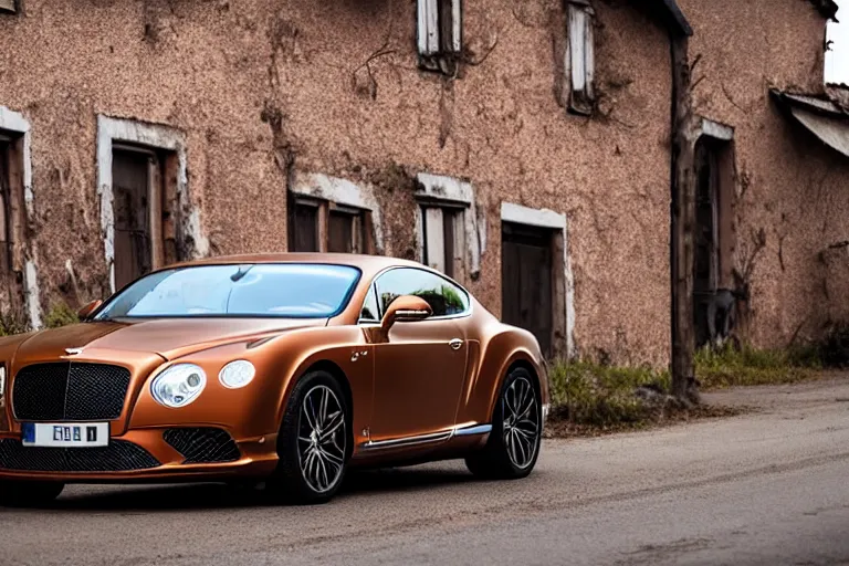 Image similar to modern rusty matte tired Bentley Continental GT without gloss no reflections drives along the road of an old Russian village with houses at the edges