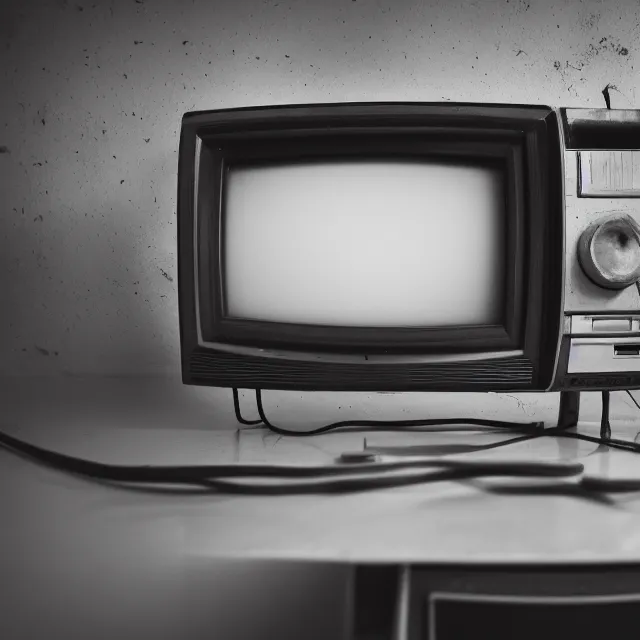 Image similar to an old TV in the middle of a clean laboratory room, Television on, static in TV, TV with a strange object inside, centered focus, wires and rebar hanging from the TV, bleak lighting, obscure, low quality video, high detail photography, vhs footage