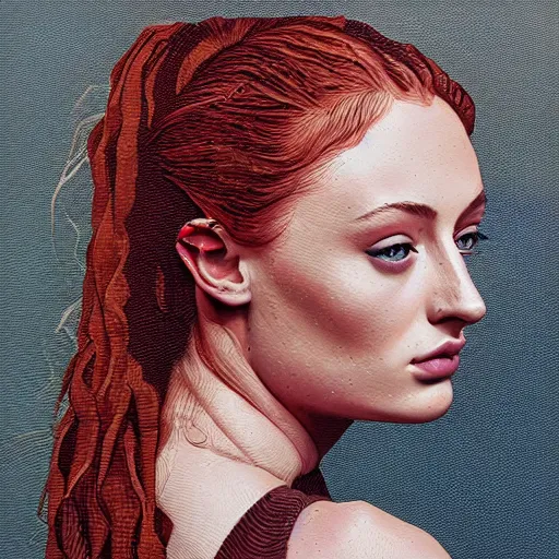 Prompt: sophie turner portrait in detail in block colour by james jean,