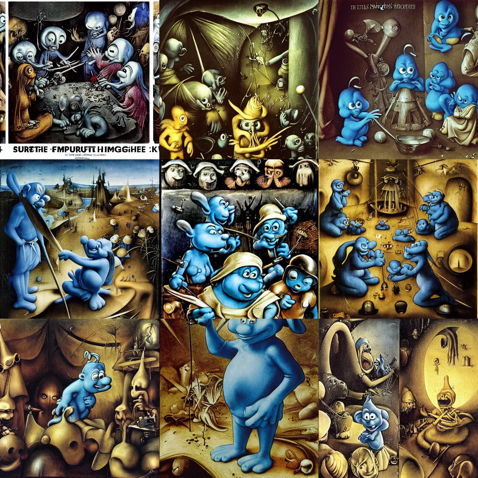 Prompt: the the smurfs by h r giger and brian froud hieronymus bosch cinematic 8 k mood lighting line tracing highly detailed