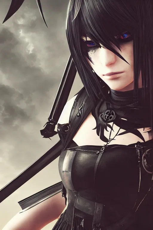 Prompt: nier automata warrior with swords, goth ninja, pretty face, ultra detailed, digital art, 8k ,character ,realistic, portrait, hyperrealistic