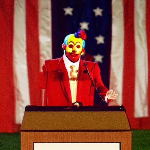 Prompt: president clown giving a speech in television