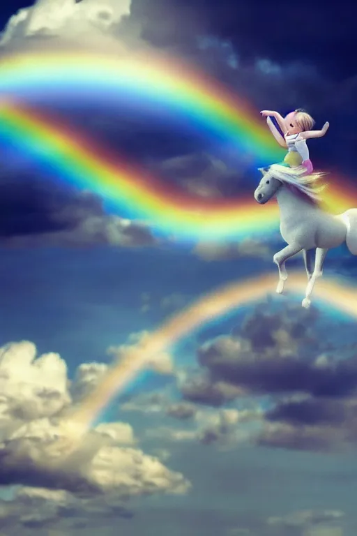 Image similar to a tiny baby unicorn on a rainbow cloud, dramatic lighting, cinematic, establishing shot, extremely high detail, foto realistic, cinematic lighting, post processed, concept art, high details, cinematic, 8k resolution, beautiful detailed, photorealistic, digital painting, artstation, concept art, smooth, sharp focus, artstation trending, octane render, unreal engine