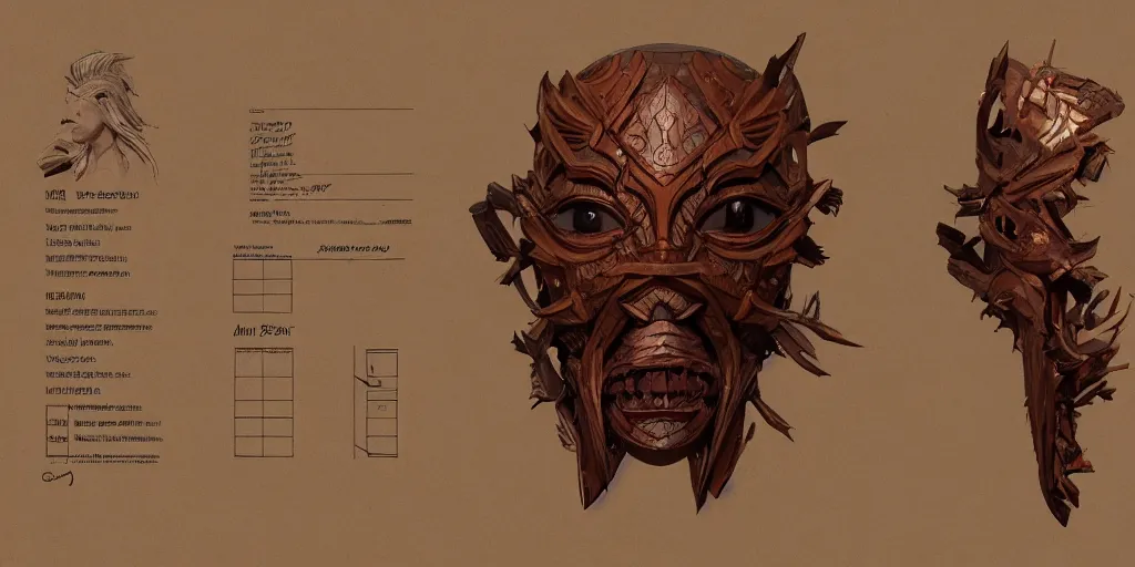 Image similar to wooden cursed mask design, character sheet, Moebius, Greg Rutkowski, Zabrocki, Karlkka, Jayison Devadas, Phuoc Quan, trending on Artstation, 8K, ultra wide angle, zenith view, pincushion lens effect