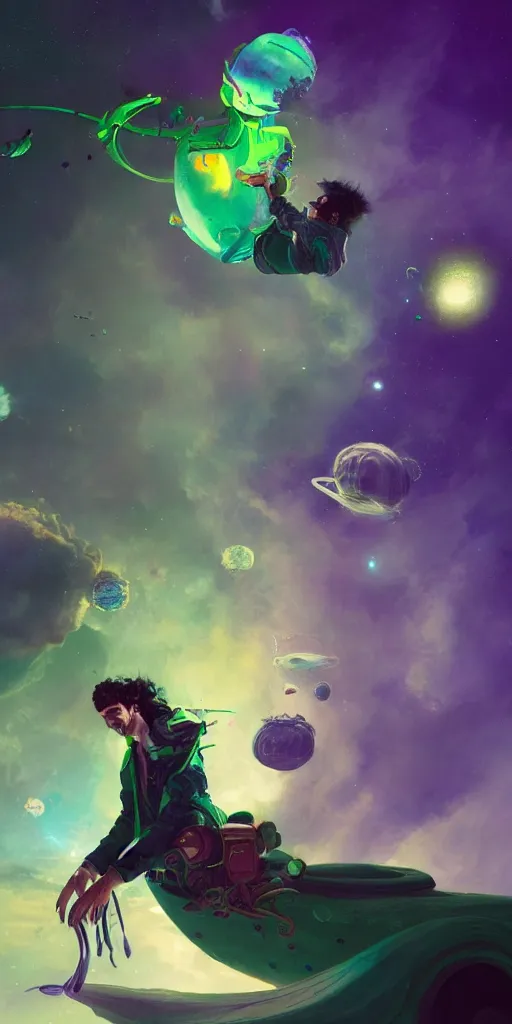 Image similar to a young male wizard with a salvador dali moustache in space, green and purple colors, volumetric lighting, greg rutkowski, artstation, 8k