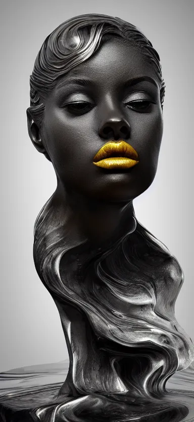 Prompt: epic, abstract sculpture of beautiful female face and black swirling liquifying acrylic portrait, fluffy clouds, golden hour, beautiful light, 3 d sculpture of carving marble, dark colors, dark mood, one point lightning, golden spirals, epic matte painting, concept art