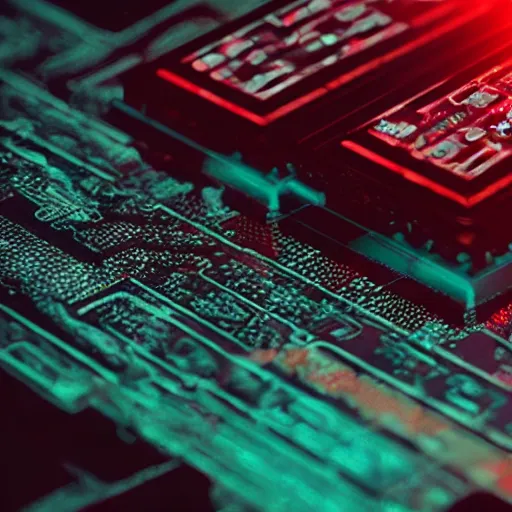 Prompt: “cinematic picture of a red cyberpunk computer chip on a table, Arasaka, cyberpunk 2077, 8k, octane render”