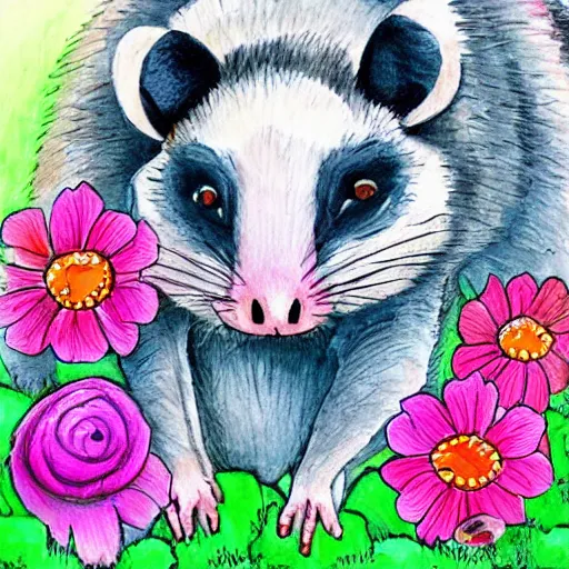 Image similar to opossum, adorable, children's art, colorful, flowers, trees, full moon