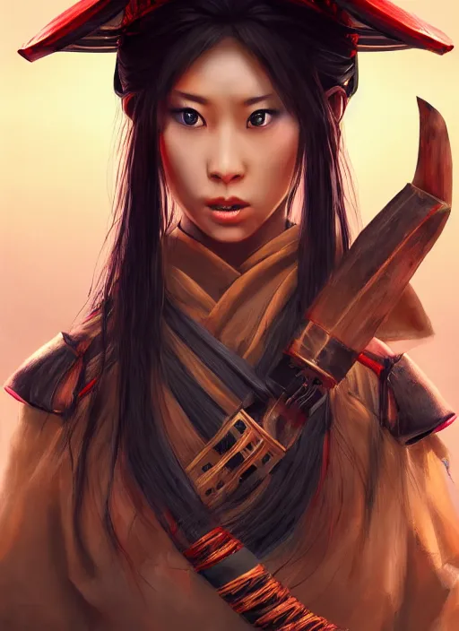 Prompt: samurai girl which chest wrapped in bandages with katana in desert, fantasy, medieval, vivid colors, fantasy, elegant, concept art, sharp focus, beautiful face, digital art, Hyper-realistic, 4K, Unreal Engine, Highly Detailed, HD, Dramatic Lighting by Brom, trending on Artstation