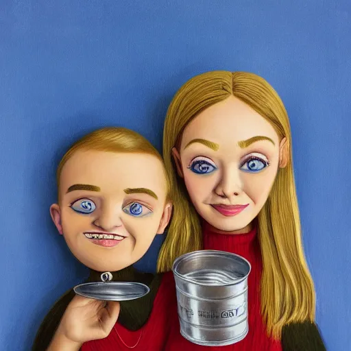 Prompt: a highly detailed portrait of a couple holding a tin can, blonde hair, trending on artstation,