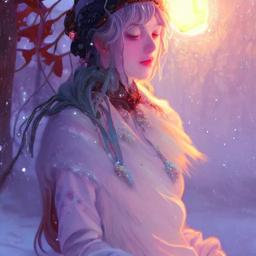 Image similar to beautiful ancient frost witch, fire in eye, snow glow, pool party, highly detailed, digital painting, artstation, sharp focus, illustration, art by tan zi and ayanamikodon and alphonse mucha and wlop