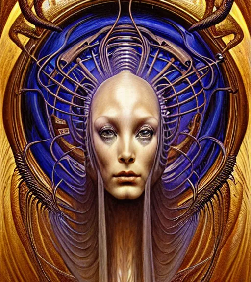 Prompt: detailed realistic beautiful young cher alien robot as queen of mars portrait by jean delville, gustave dore and marco mazzoni, art nouveau, symbolist, visionary, fractal baroque. horizontal symmetry by zdzisław beksinski, iris van herpen, raymond swanland and alphonse mucha. highly detailed, hyper - real, beautiful