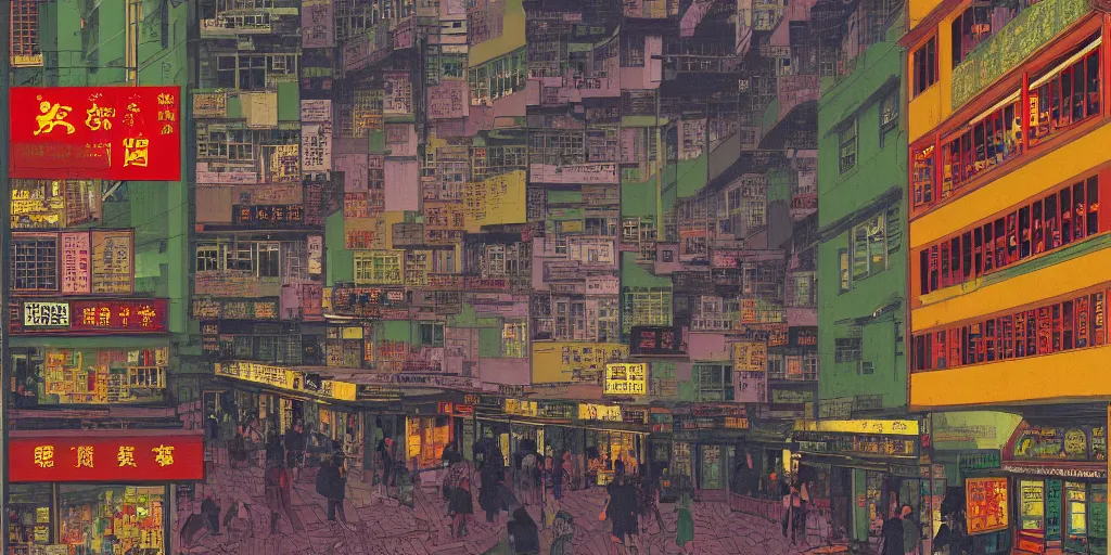 Image similar to a window view onto a street of shops in hong kong, by dan mumford and peter doig and edward hopper, minimal, black in, thick lines highly detailed, muted colours, overlaid with chinese adverts, 8 k