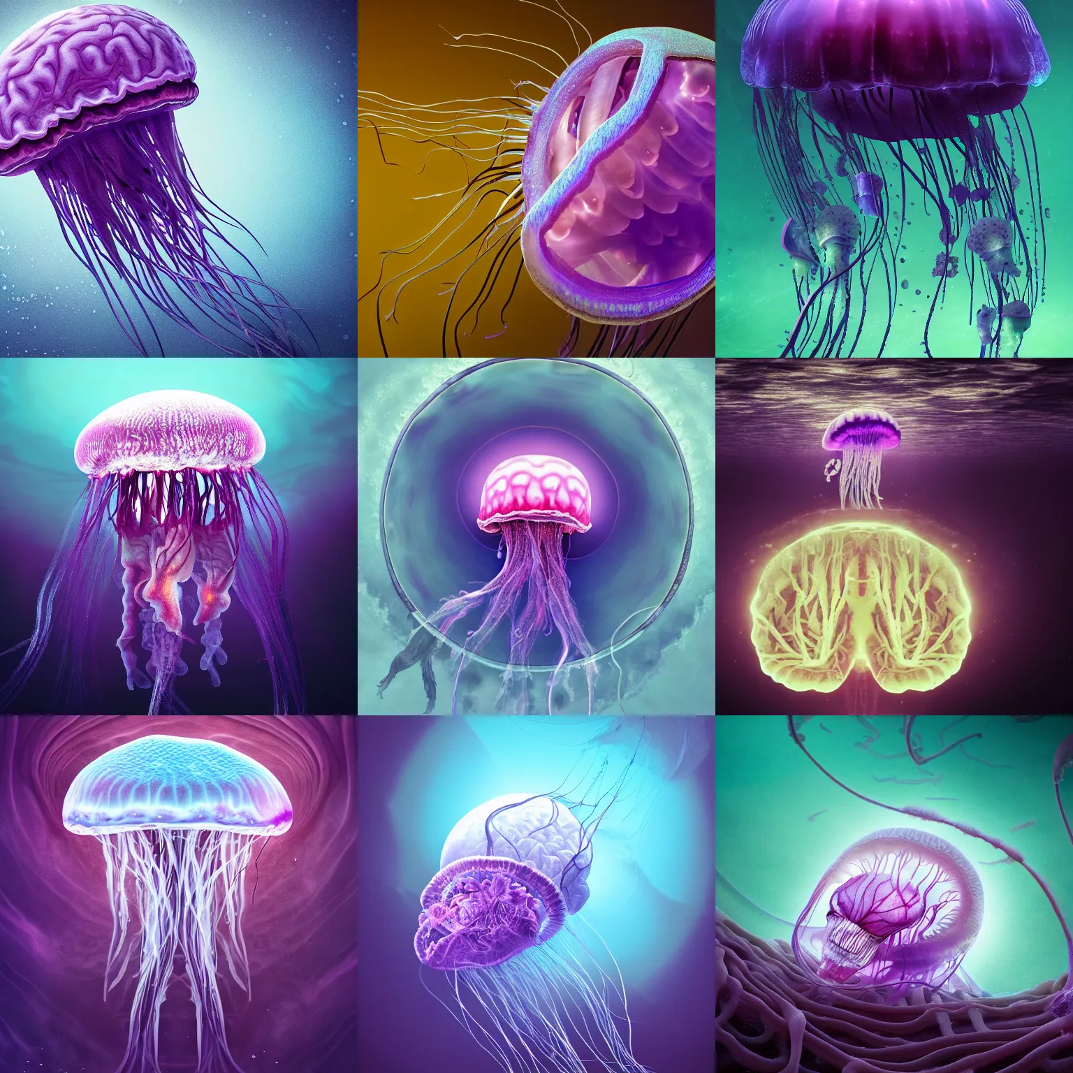 Prompt: jellyfish with an anatomical human brain, brain visible, beautiful, epic, wide shot angle, hyper realistic, detailed, rendered in octane, digital art, underwater, luminescent, dark purple hue, glowing, tendrils, seaweed, masterpiece