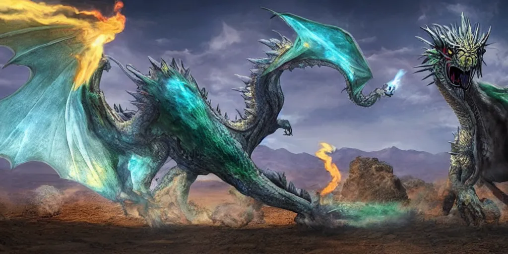 Image similar to an eighteen foot tall dragon with one green head one grey head one blue head one purple head and one gold head breathing fire from its purple head and attacking a small town in the middle of the desert