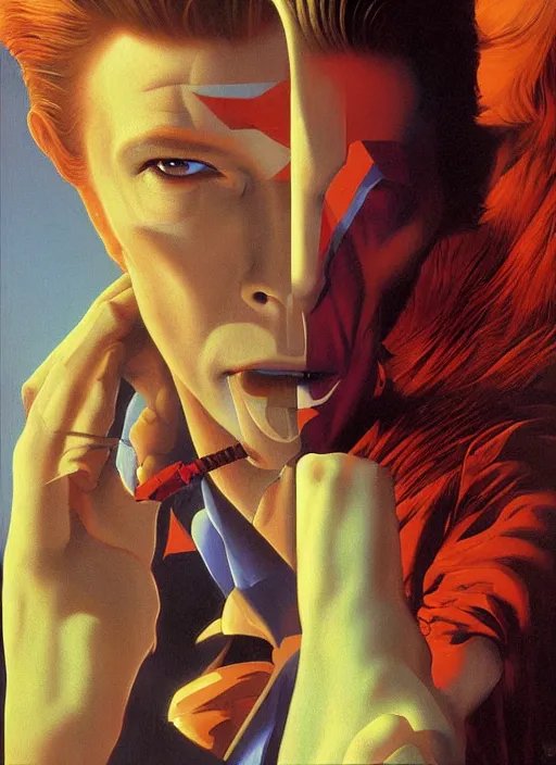 Image similar to twin peaks poster art, portrait of david bowie fights off the temptation for human instrumentality, by michael whelan, rossetti bouguereau, artgerm, retro, nostalgic, old fashioned