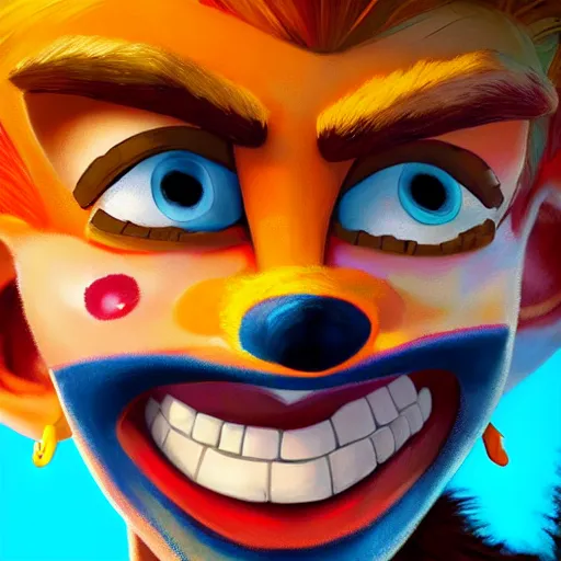 Prompt: upclose portrait of crash bandicoot making a crazy face, painterly style, vivid colors, by norman rockwell, very detailed picture with lots of emotion, trending on artstation, high fidelity, 8 k, has a very realistic look to it, hyper realism