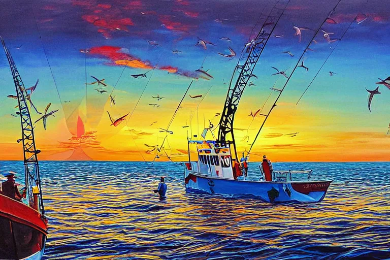 realistic Offshore Sport fishing boat double and triple decker wild paint  job on boats gulf Sunset rough seas colorful people on board boat