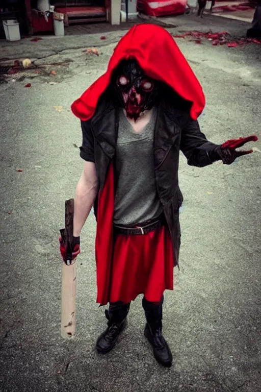 Image similar to red hood cosplay, creepy, disturbing, bloody, darkness, grainy