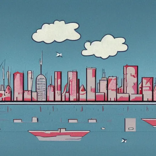 Prompt: 1 9 5 0 s city skyline overlooking a polluted lake, fluffy clouds flat colors