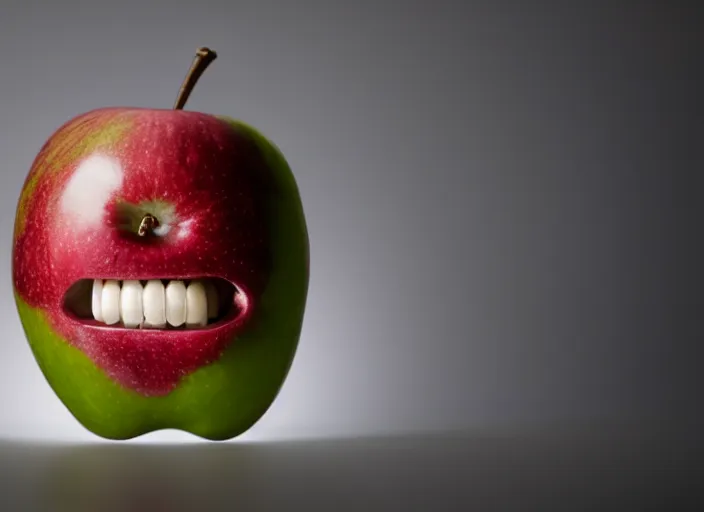 Prompt: photo still of an apple with human teeth, 8 k, studio lighting bright ambient lighting key light, 8 5 mm f 1. 8