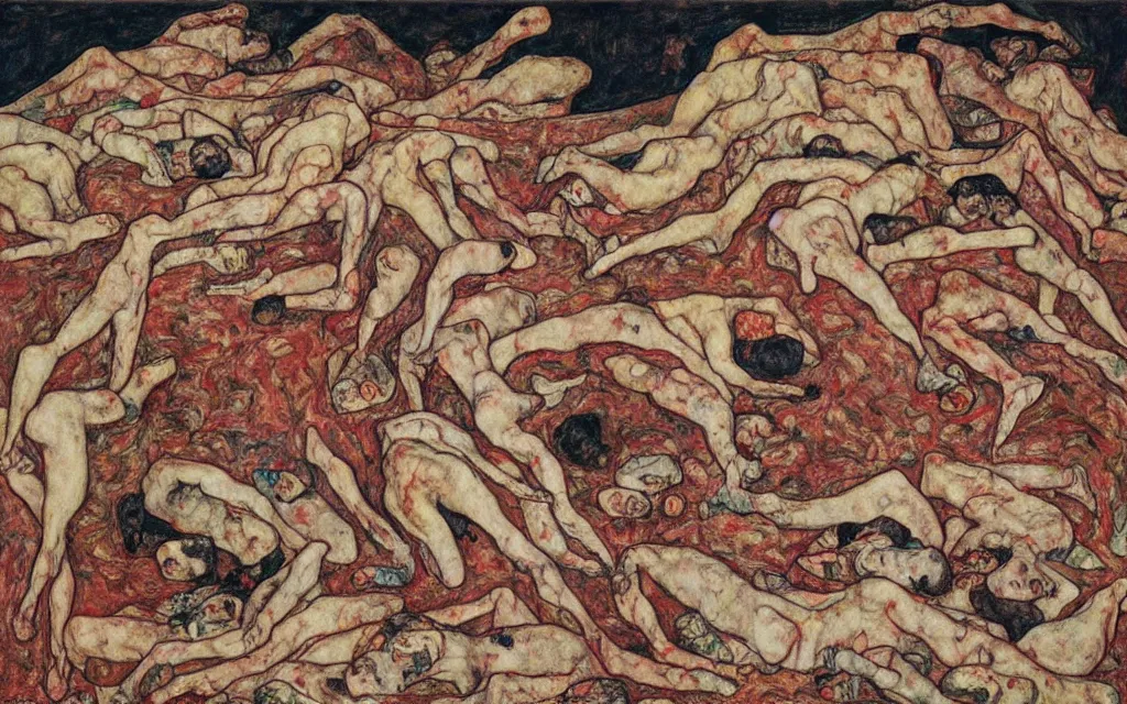 Image similar to a painting of a pile of bodies by egon schiele with influence of zdzisław beksinski, alfred kubin, oskar kokoschka, and egon schiele
